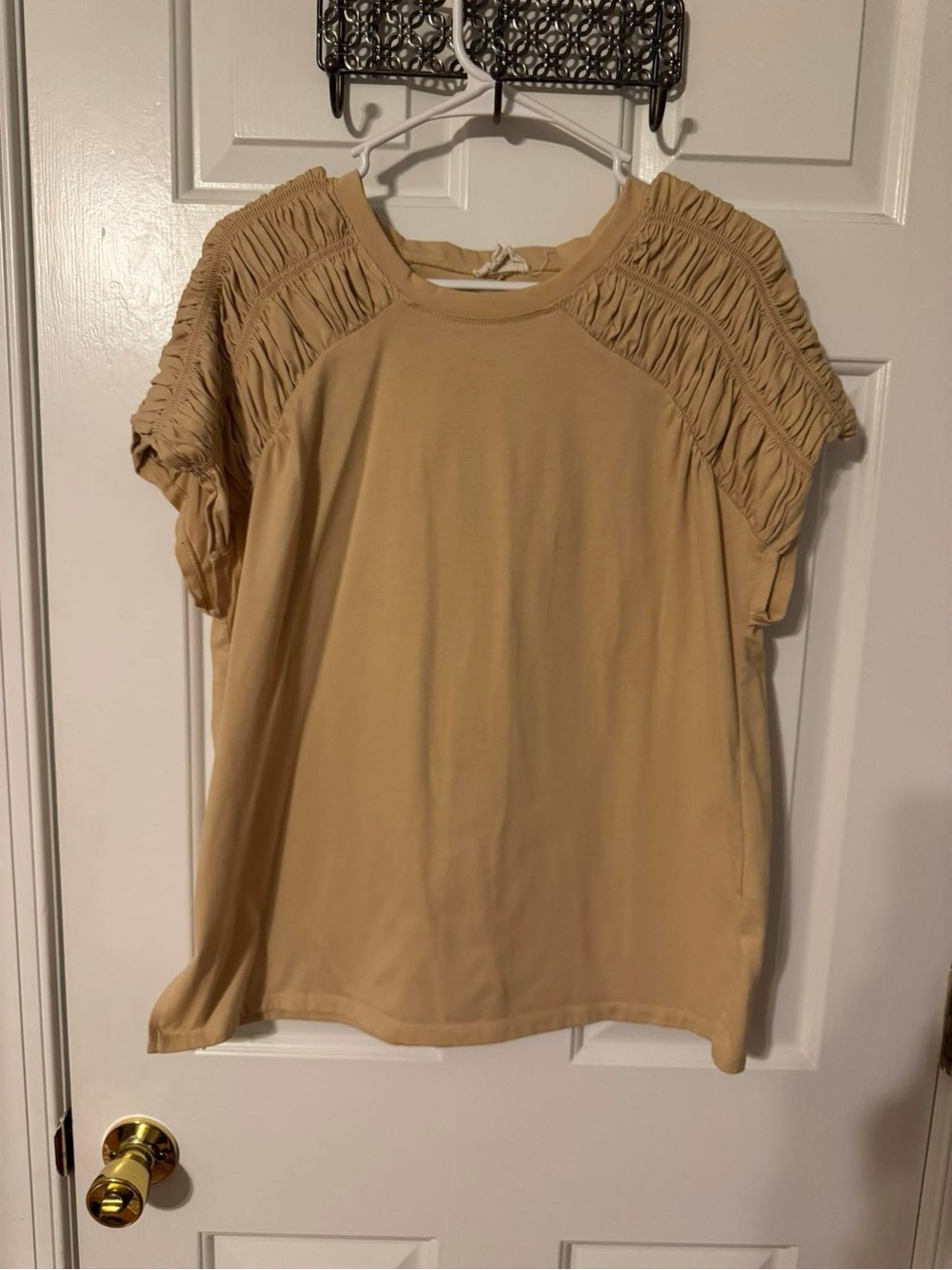 BiBi Tan Short-Sleeve Top with Ruched Shoulder Panels